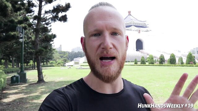 Bald bearded Hunk Hands white guy vlogging at Chiang Kai-Shek Memorial Hall Taiwan