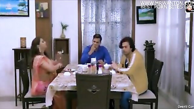 Indian family threesome at dinner table, sexy saree babe with two men
