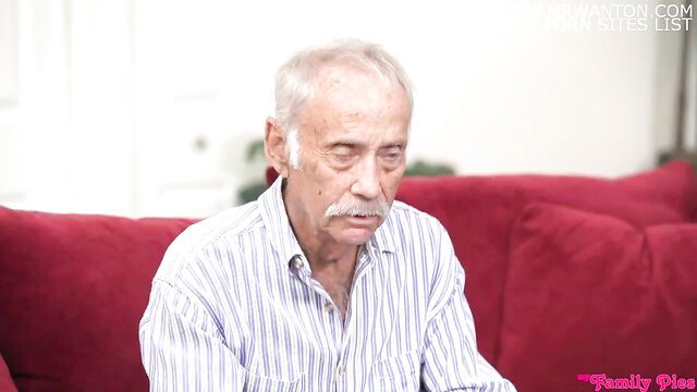 Old grandpa with white hair and mustache sits pensively on red couch in family taboo thumbnail