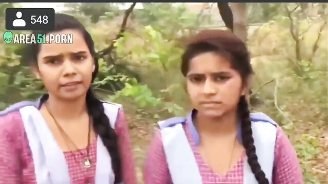 Two Indian schoolgirls in uniforms caught naughty in jungle after school