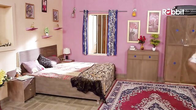 Indian babe in pink bedroom on bed, Jalebi Hindi Rabbit series