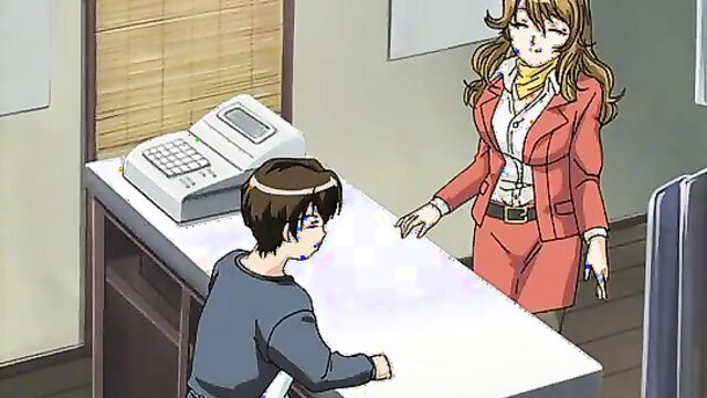 Anime office lady in red suit talks to boy at desk quick car sex hentai