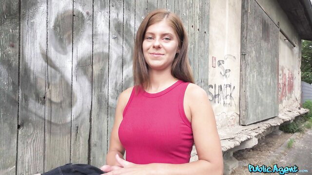 Public Agent redhead in tank top smiles outside, fucked for cash