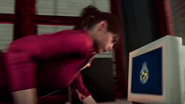 Hentai girl in tight bodysuit bent over CRT monitor with Real Sociedad logo