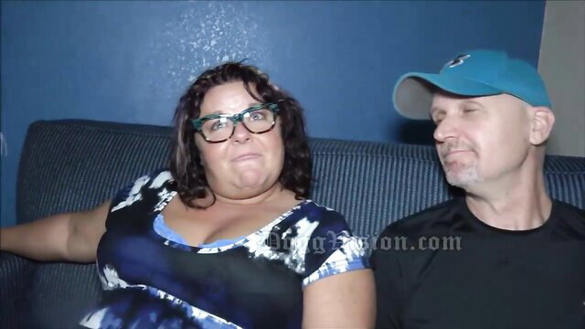 Chubby brunette MILF with glasses and bald hubby in cuckold cleanup fantasy