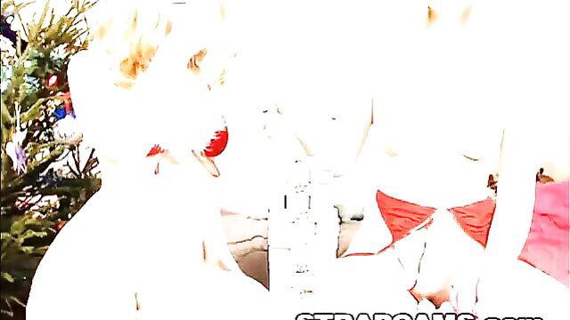 Hot blondes in lingerie by Christmas tree kinky pussy play handjobs