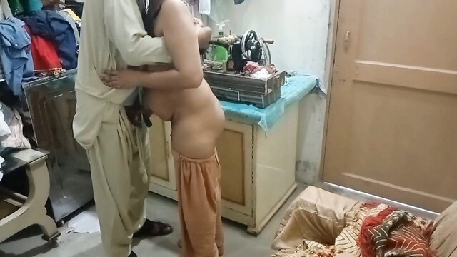 Desi maid bent over tailor shop table, unshaved pussy fucked hard by tailor