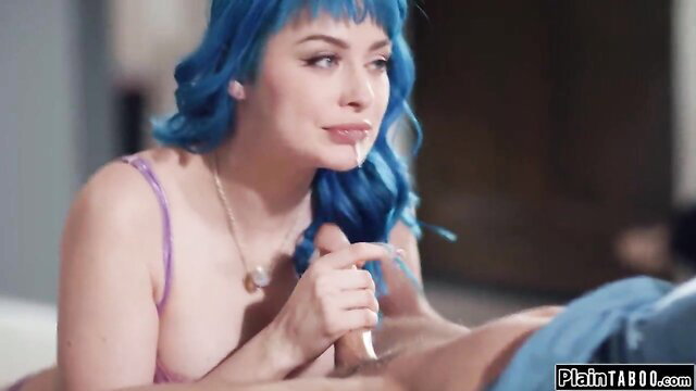 Jewelz Blu with blue hair gives handjob in lingerie, cheating scene