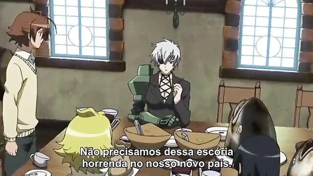 Akame ga Kill anime Ep 2 scene with silver-haired guy, blonde girl at table