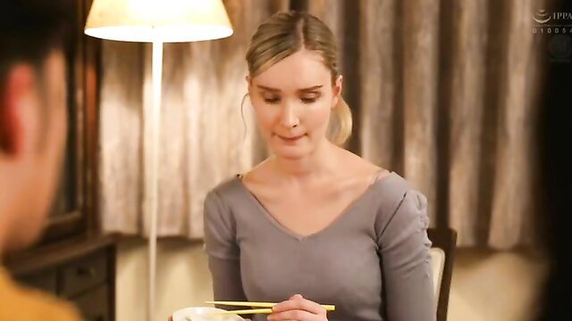 Blonde MILF in gray top eats with chopsticks at dinner, mother-in-law JAV