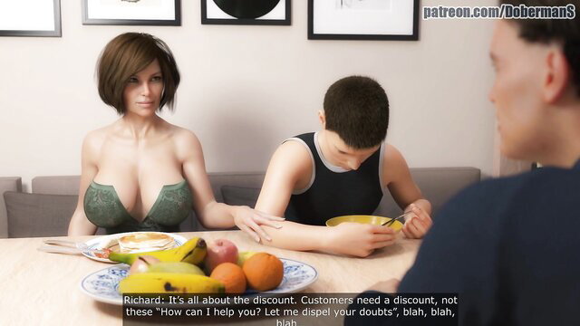 Busty curvy brunette mom Cora chats at table with son in taboo scene