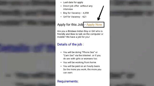 Hot Indian job vacancy ad for cam sex girl or boy via webcam, apply now