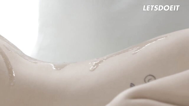 LETSDOEIT babe with creampie cum dripping from pussy on white sheets