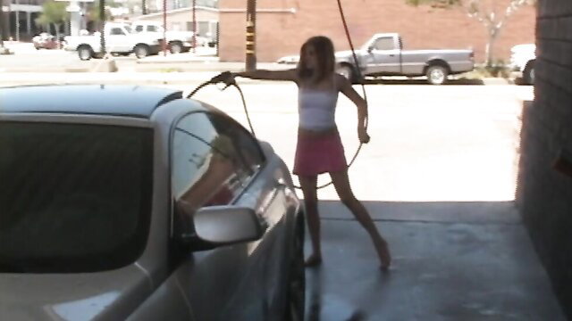 Teen Topanga soapy car wash in mini skirt wet white top