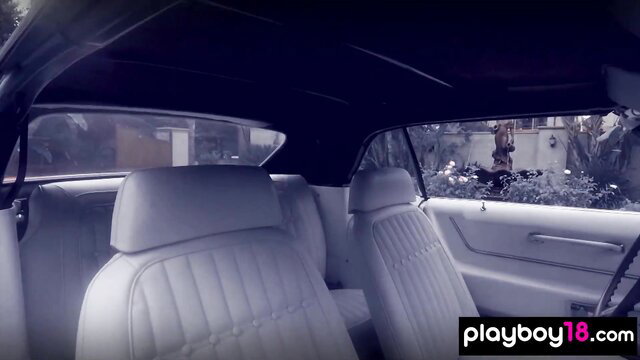 Ayumi Anime in classic white convertible car outdoor, petite Asian babe