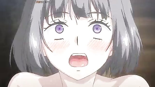 Anime little witch with purple eyes blushing in shock, open mouth closeup