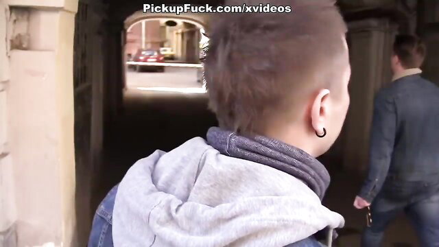 Nick Whitehard in hoodie walks with buddy in PickupFuck tourist pickup scene