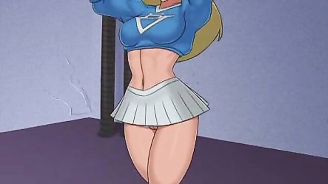 Stargirl in tight blue crop top and mini skirt, seductive pose