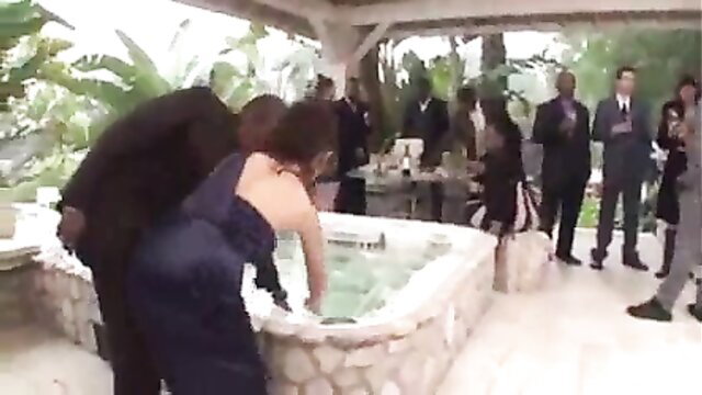 Japanese bride in dress bent over interracial BBC gangbang tub scene