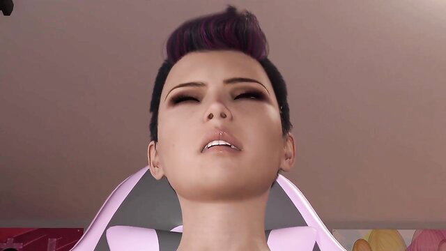 Closeup of sexy Asian futa with pink hair smirking in vore BJ tease