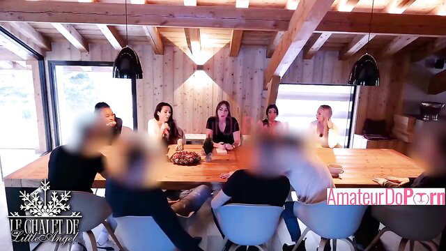 Mixed group at chalet table in Le Chalet de LittleAngel 5 amateur orgy