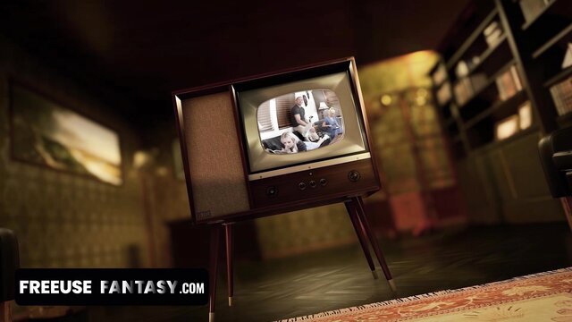 Sage Rabbit & Spencer Scott freeuse threesome on TV screen by FreeUse Fantasy