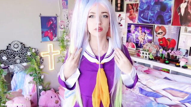 Indigo Milky cosplay POV tease in purple sailor uniform long blue hair