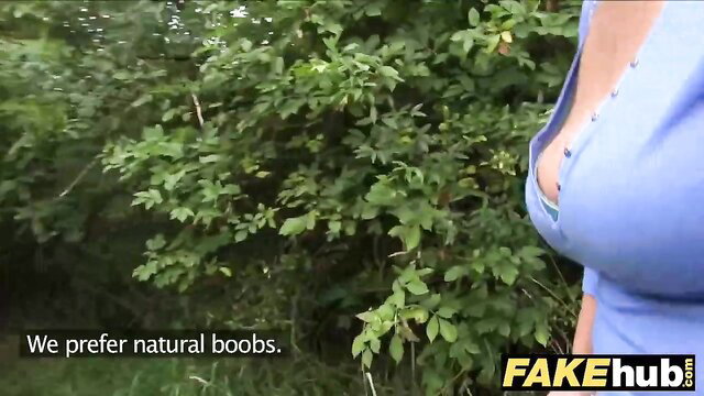 Teen bimbo with huge natural boobs in blue top outdoors