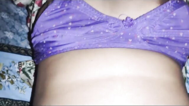 Pregnant Indian stepmom Hira in purple polka dot bra, bare belly exposed