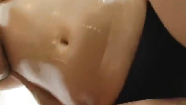 Japanese teen babe's oiled belly licked by long tongue closeup