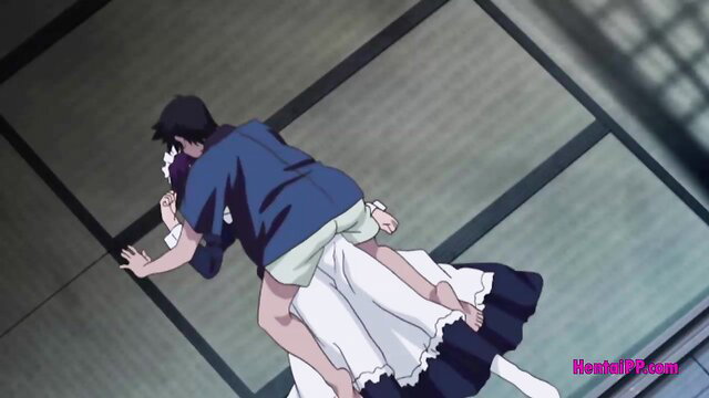 Anime maid in white dress lifted and kissed passionately by man from behind