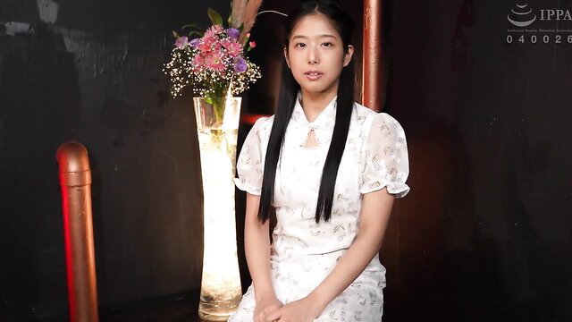 Nana Maeno in elegant white qipao, innocent JAV lesbian tease