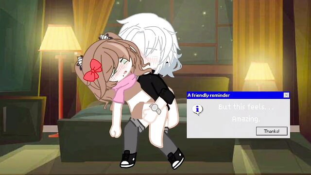 Elizabeth Afton FNAF porn: girl in red bow hugged from behind by white-haired guy
