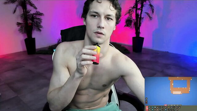 Shy Chilean twink bareback cam, topless muscular guy holding yellow lighter