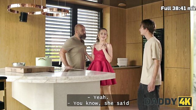 Una Fairy in red mini dress with BF and man in DADDY4K threesome kitchen scene