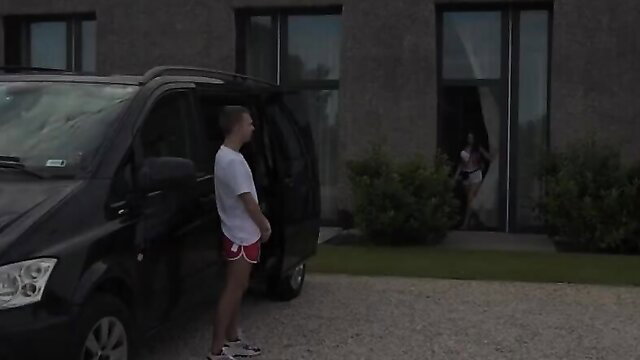 Emelie Crystal in tiny shorts bending over by van outdoors