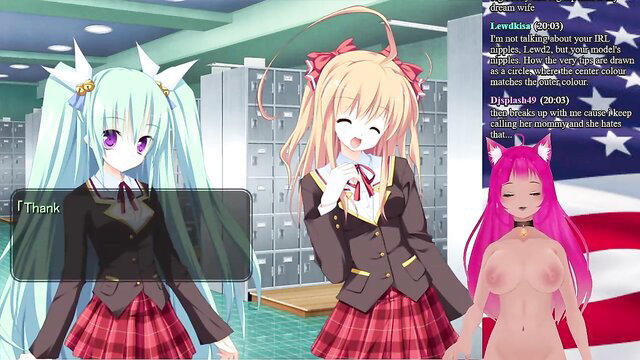 Lewd anime VTuber nekos in school uniforms, nude pink catgirl with US flag