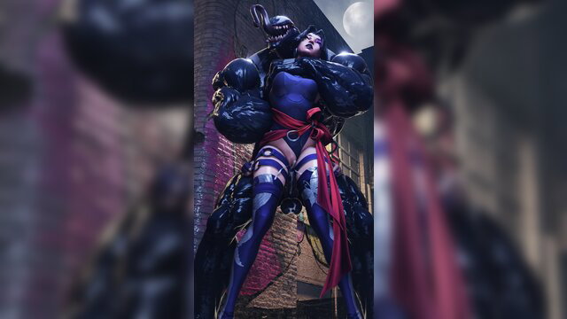 Sexy Psylocke symbiote Venom cosplay, muscular babe in latex bodysuit