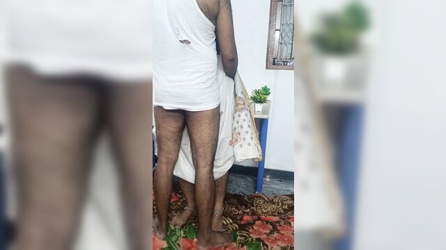 Malayali aunty hairy legs in tight white shorts bent over office table