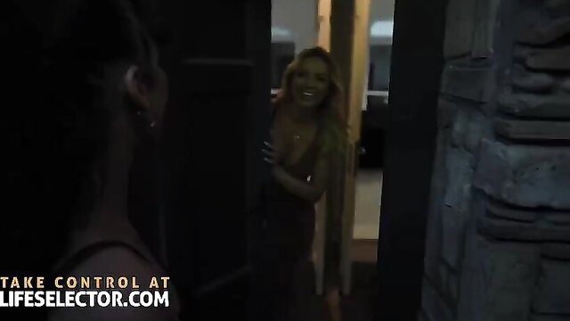 Alexis Crystal blonde babe in black dress at office door