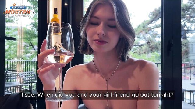 Beauty Kim nude at dinner holding wine glass, seductive gaze