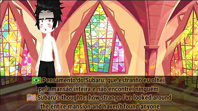 Anime boy Subaru explores empty mansion in Re:Zero hentai scene