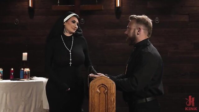 Arabelle Raphael as sexy nun with priest at altar, Kink.com