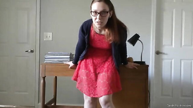 Redhead teacher Asmodea in red dress verbal humiliation closeup