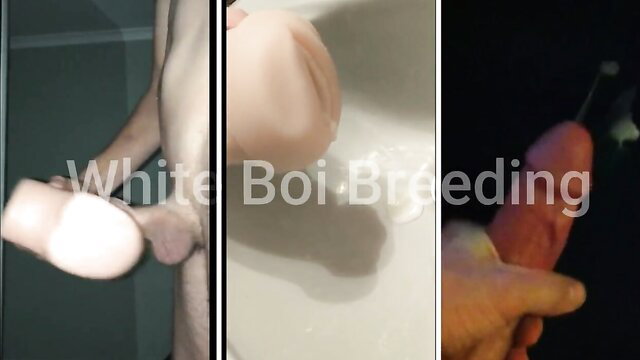 White boi breeding closeup: pale cock, pink dildo toy in tub
