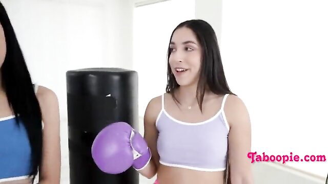 Hot Latina boxer babes in sports bras punching bag with stepbro