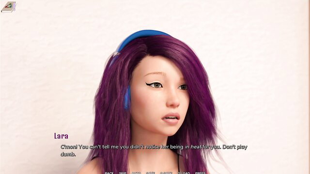 Lara from Vinovella University with purple hair, blue headphones, closeup portrait