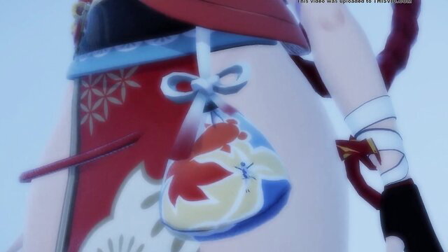 Yoimiya anime girl closeup armpit in red kimono with fish pouch