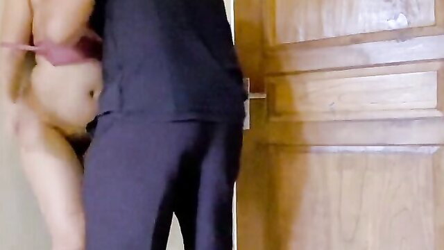 Indonesian cheating wife pressed against door, fucked for debt by lover
