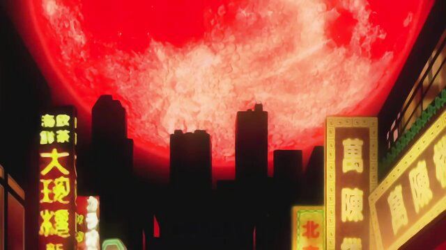 Makai Kishi Ingrid Ep.3 red neon city skyline with giant blood moon hentai scene